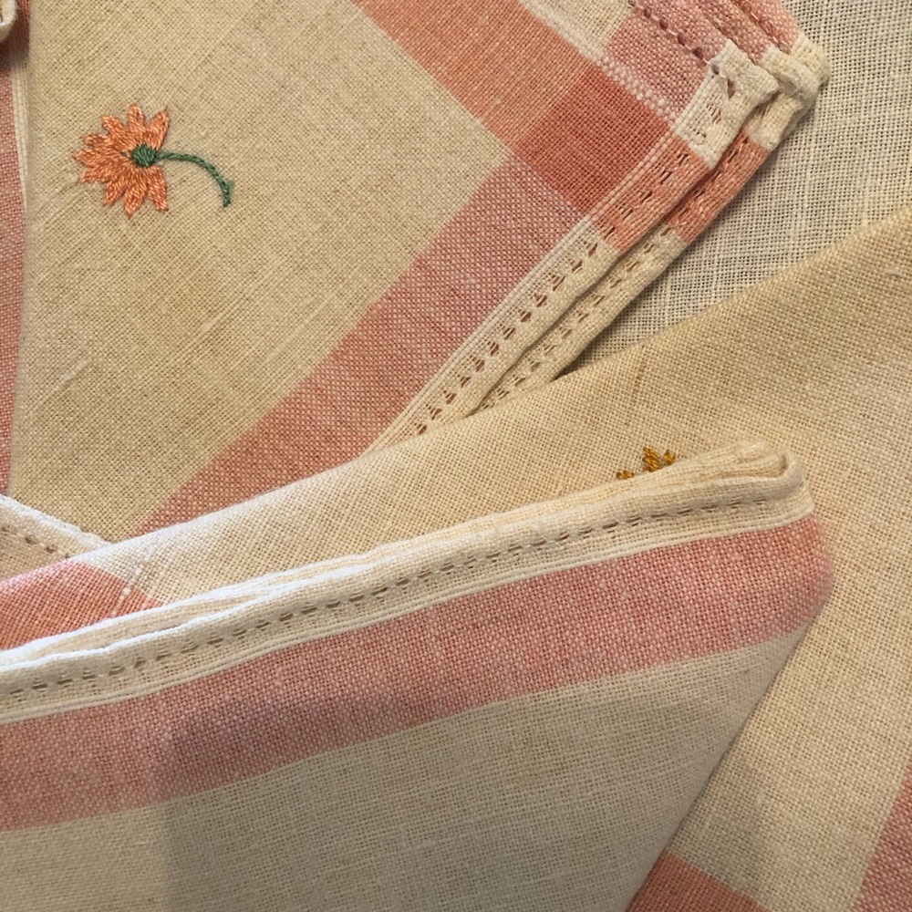 Vintage Italian Linen Striped Pink & Floral Tablecloth With 6 Napkins 48 X 66